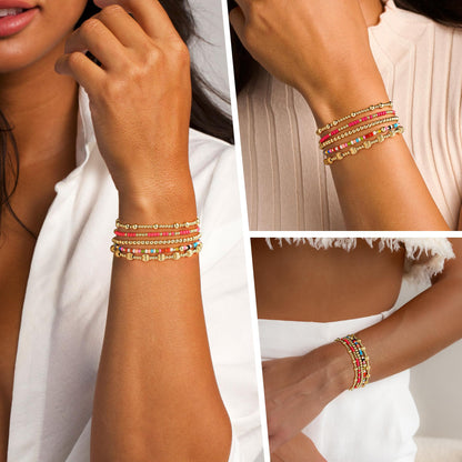 Turandoss Mothers Day Gifts 5PCS Gold Beaded Bracelets for Women - Dainty 14K Gold Plated Bead Ball Bracelets for Women Colorful Beaded Stretch Bracelet Mothers Day Gifts for Mom Daughters