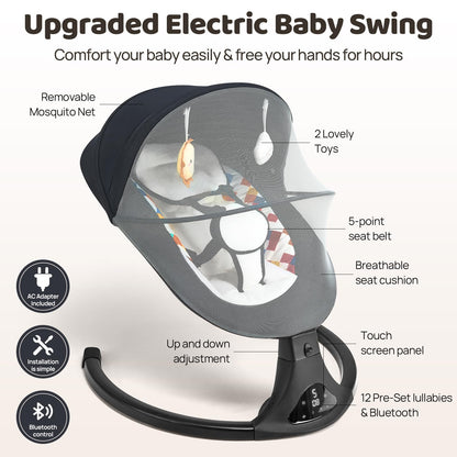 Baby Swing for Infants, Modern Infant Swings with Bluetooth & Remote Control, 5 Speed Motions, 12 Soothing Sounds, Portable for Newborns (Max 20 lbs Black)