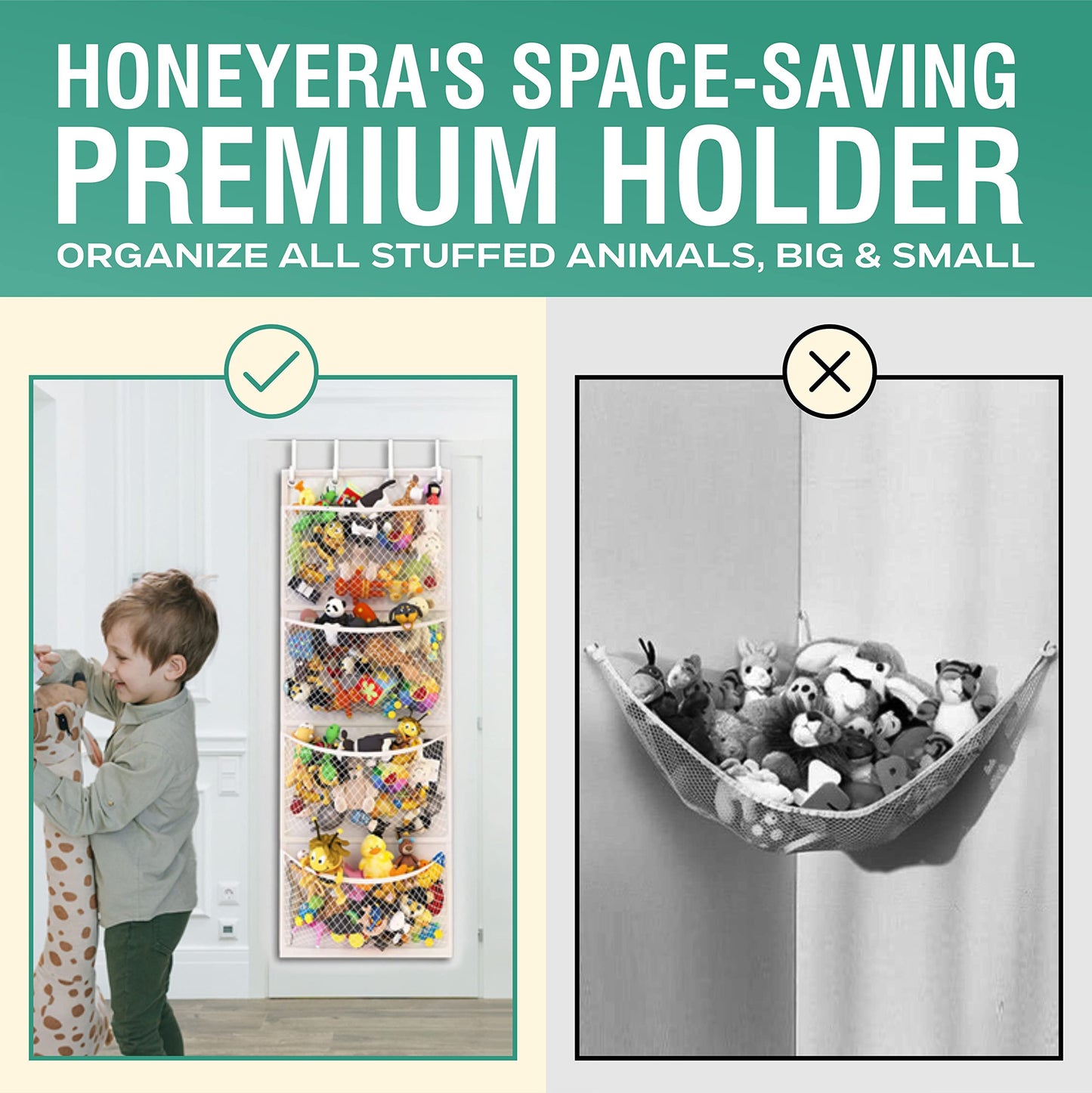 Honeyera The Original Stuffed Animal Storage (Patented) - Over Door Organizer for Stuffies, Baby Ideas Holder, Toy Plush Hammock Hanging Net Big Girls Toddler Large Bag Animals Stuffy Behind