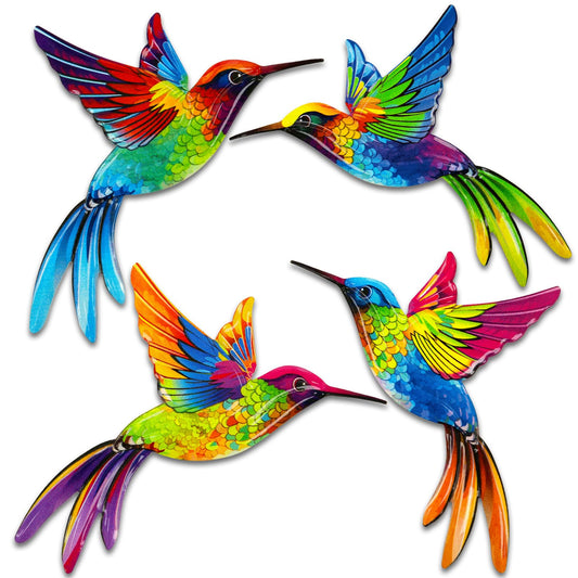 ULENDIS 4 Pack Metal Hummingbird Wall Art Decor, 3D Colorful Birds Outdoor Wall Art Patio Fence Decorations, Wall Hanging Decor for Garden Living Room Balcony(B)