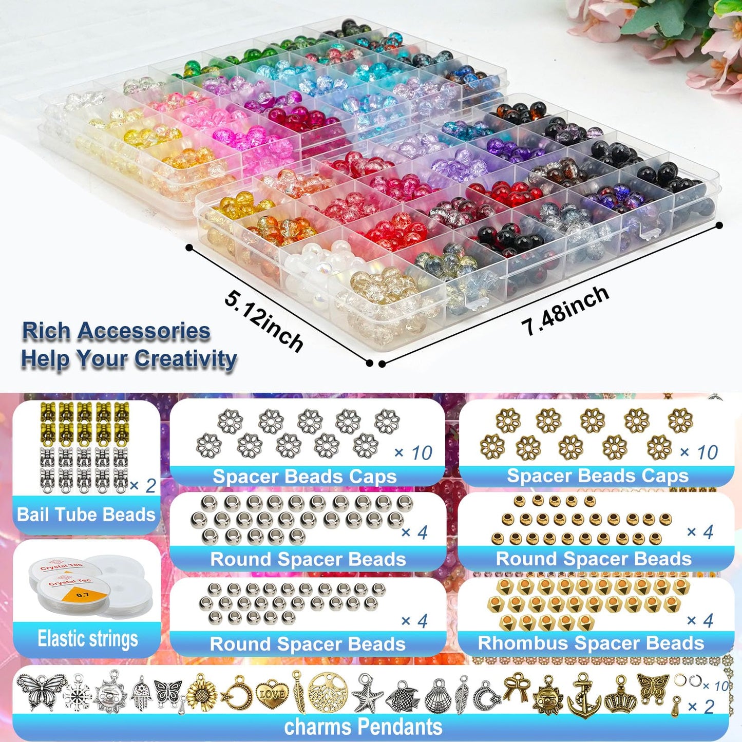 Hanyoung 8mm Glass Beads for Bracelet Making kit, 96 Colors 2900 pcs Crackle and Solid Beads Jewelry Making, Crystal Glass Round Beads for DIY Crafts Gifts (Solid & Crackle Color)