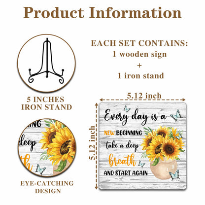 Motivational Gifts Wood Decor Sign, Inspirational Sunflower Wooden Rustic Farmhouse Decor with Stand for Home Desk Tabletop Shelf Decorations (A12)