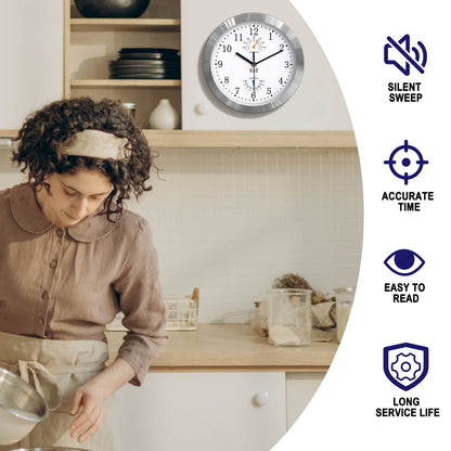 HITO 10 Inch Silent Wall Clock Battery Operated Non Ticking Glass Cover Silver Aluminum Frame, for Kitchen, Bedroom, Home Office, Living Room Decor (White)