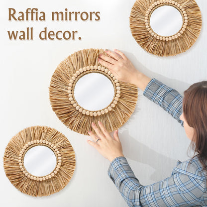 Gulfmew 3 Pcs Boho Raffia Mirror Wall Hanging Decor 15.8 Inch 11.8 Inch Rustic Round Boho Circle Mirrors with Wood Bead Farmhouse Aesthetic Nursery Mirrors for Bedroom Living Room Bathroom Wall Decor