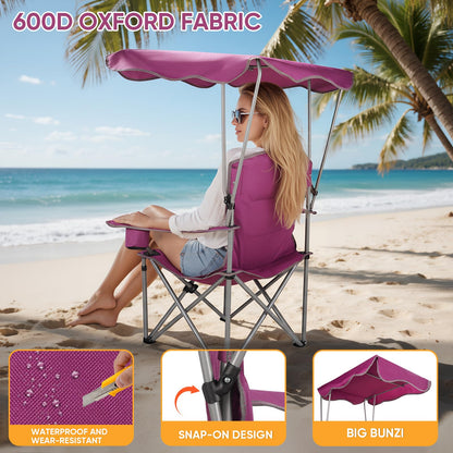 Northroad Folding Camping Chairs with Canopy Shade, Beach Chair w/Cup Holders, Armrests & Carry Bag for Outdoors Travel Sports Fishing, Purple