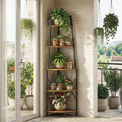 HOOBRO 5-Tier Corner Shelf with Lights, 67.9” Tall Corner Shelf Stand, Industrial Corner Bookshelf, Corner Plant Stand Display Shelf, for Living Room, Kitchen, Home Office, Rustic Brown BF120DCJ01