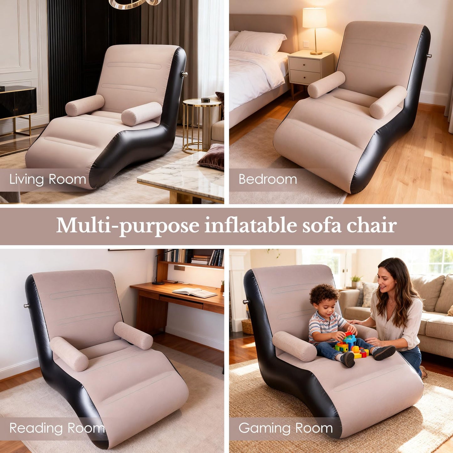 KAERMU Inflatable Deck Chair with Air Pump, Foldable Lounge Chair for Bedroom and Living Room, Indoor Sofa Lounge with Handrails(Brown)