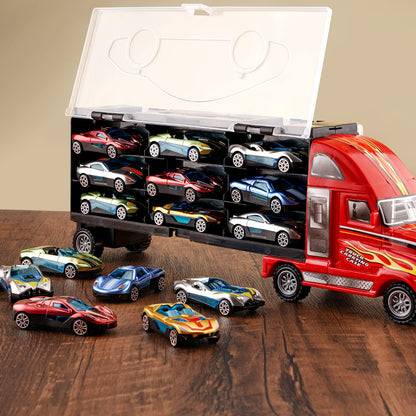 BoomCaCa Toy Truck Transport Car Carrier - 18 Sport Cars in Truck Toys, Toys for Boys and Girls Age 3-10 yrs Old, Ideal Party Christmas Birthday Gift for Kids