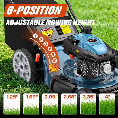 SENIX 201cc 22" 3-in-1 Gas Lawn Mower, Single Speed Rear Wheel Self-Propelled Mower, Mulching, Bagging, Discharging, 6 Cutting Height Adjustable, for Garden Yard