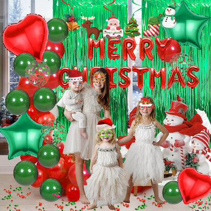 Red Green Christmas Decorations with Green Fringe Curtains, Heart Stars Confetti Balloon, Merry Christma Foil Balloons, christmas Glasses Frames and Hanging Swirls for Xmas Party Supplies
