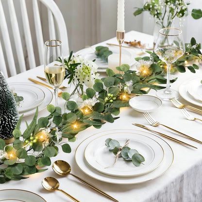 MDSTBN Eucalyptus Garland with Lights, 6FT Spring Garland Eucalyptus Leaves with Flower Berries Artificial Greenery Vine for Mantle Porch Wall Wedding Arch Backdrop Table Decoration