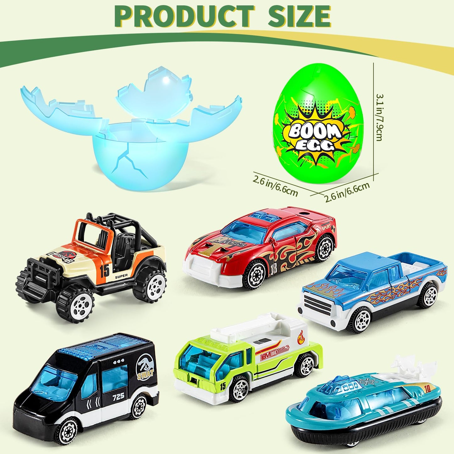 Beby Buty 6 Pack Luminous Easter Eggs with Mini Cars, Includes Off-Road Vehicles, Trucks, and Police Cars, Fun Easter Egg Hunt Toys for Kids Boys Girls 3 4 5 6 7 Years Old