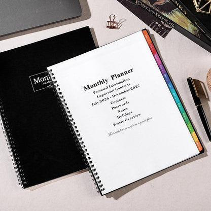 Monthly Planner 2026-2027 - Academic Planner 2026-2027, JUL. 2026 - DEC. 2027, Calendar planner with Colorful Tabs, 8.5" x 11", 26-27 Monthly planner/Calendar with Pocket, Thick Paper, Twin-Wire Binding - Black
