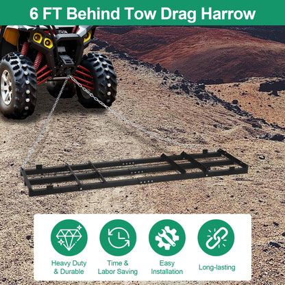 Toriexon 6 FT Drag Harrow Driveway Grader, Heavy Duty Power Rake w/ 5 FT Chain, Tow Behind Lawn Rake for ATV, UTV, Tractor, Mower, Land Leveler for Gravel, Sand, Soil, Hay