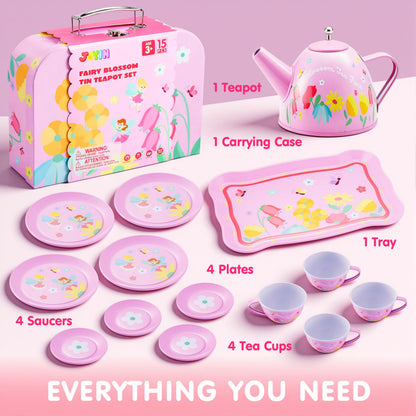 JOYIN Fairy Blossom Tea Party Set for Little Girls, Pretend Pink Tin Teapot Set, Princess Tea Time Play Kitchen Toy with Teapot, Cup, Plate, Carrying Case for Kids Toddlers Age 3 4 5 6