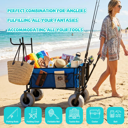 Fishing Cart with Big Wheels for Sand, 9" All-Terrain Wheels, Beach Wagon for Sand, Equipped with a Rod Holder and Side Pockets for All Your Fishing, Camping or Beach Supplies, Blue & White