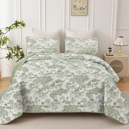 WONGS BEDDING Botanical Quilt Set Queen Size, Sage Green 3 Pieces Toile Floral Plants Printed Bedspread Bedding Set Soft Lightweight Microfiber Coverlet Set for All Season (96"x90")