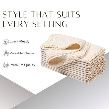 Ramanta Home Decorative Cloth Dinner Napkins Set of 4, 20x20 Inch Natural Lace Flax Cotton Napkins with Mitered Corners, Oversized Use, Parties, Weddings, Spring, Easter Cloth Napkins
