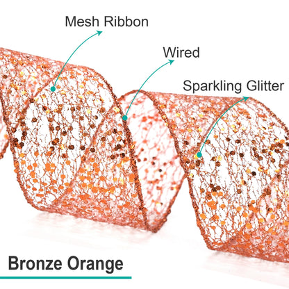 CT CRAFT LLC Sparkling Glitter Mesh Wired Ribbon 4" x 10 Yards Bronze Orange for Christmas Home Decor Bow Gift Wrapping DIY Crafts Wreath