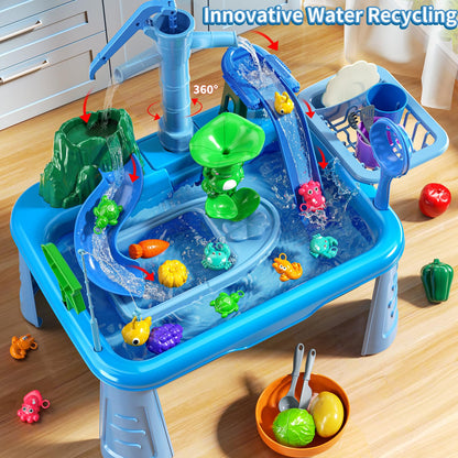 JUKUDAHU Water Table Play Sink Toy for Kids 2 3 4 5 6 Years Old - Outdoor Kitchen with Running Water, Fishing Games, Toddler Water Play Table for Kids Ages 3-8, Beach Outdoor Toys, Summer Gifts