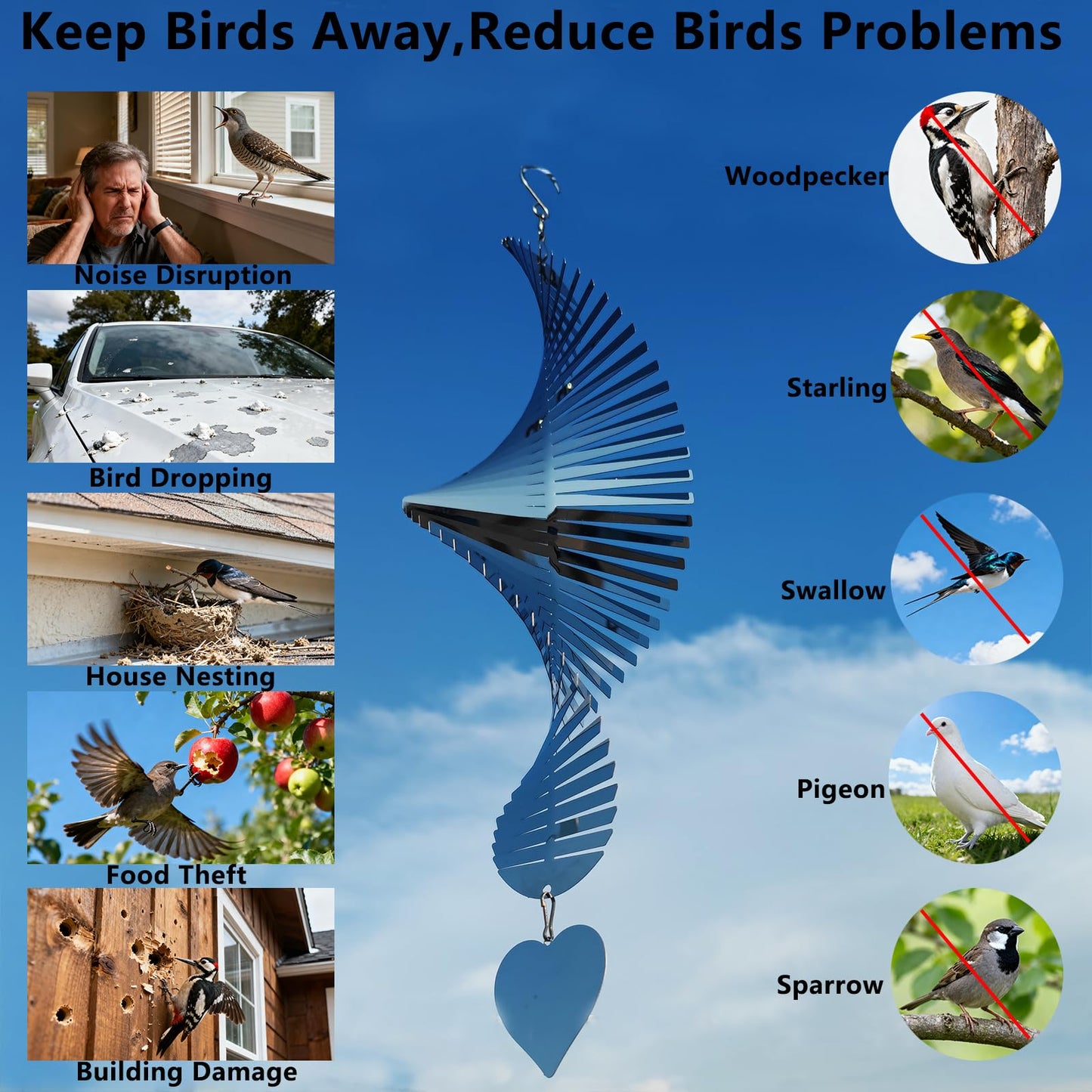 2pcs 15.8"x 5.9" Bird Deterren for Outside Patio Garden Porch Pool Window,Mirror High Reflective Bird Scare Devices Wind Spinners Outdoor Decor, to Keep Woodpecker Away from House
