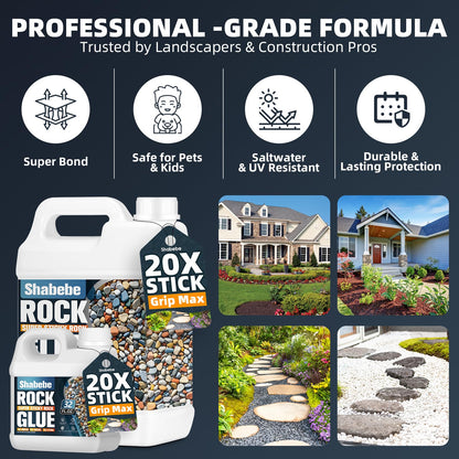 Shabebe Rock Glue for Landscaping – 2 Gallon Mulch Glue with Grip Max, Strong Adhesion& Max Coverage Gravel Binder for Rocks, Gravel & Pine Straw, Covers Up to 3X Area, Fast-Drying & Weather-Resistant