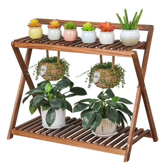 Tovacu Indoor Plant Stand for Multiple Plants 2 Tier Wood Corner Plant Shelf Rack with Planter Hanger Outdoor Flower Pot Stand Holder for Yard Patio Garden Balcony Porch Living Room ( Rustic X-Cross)
