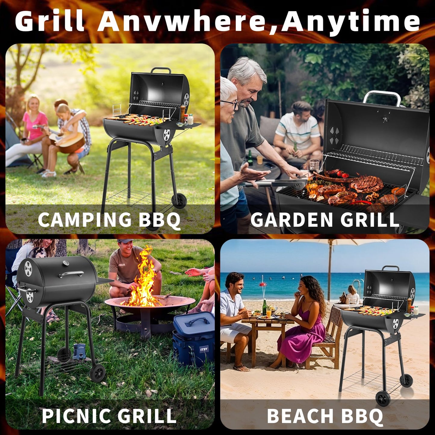 Kendane Barrel Charcoal Grill, Large Charcoal Grills with Side Shelf, Outdoor BBQ Grill,Perfect for Backyard Camping, Patio Parties, and Picnics