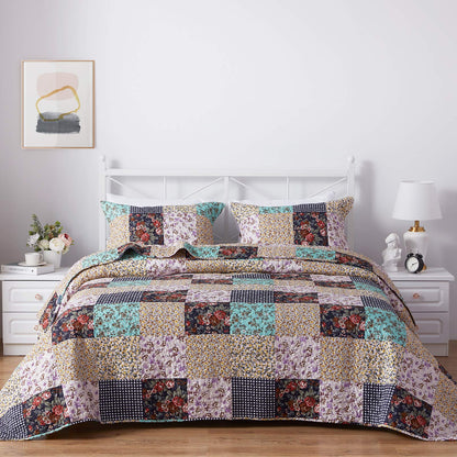 SunStyle Home Patchwork Quilt King Size, Soft Durable Quilted Bedspread Lightweight Comforter Reversible Boho Printed Bed Coverlet Blanket King Quilt Bedding Set with Pillow Shams for All Season 3Pcs