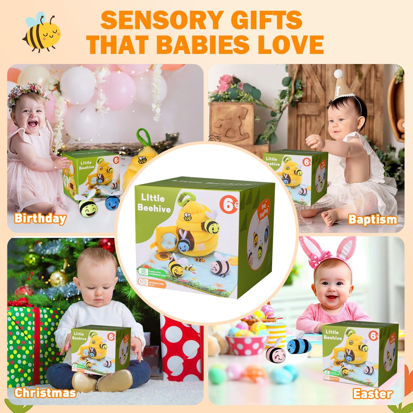 Sortnic Baby Toys 6-12 Months, Soft Beehive with 4 Sensory Bees, Map Pad, Rattle, Crinkle Paper, Squeaker, Mirror, Busy Montessori Toy for 0-3 Years Old, Infant Toys Baby Easter Basket Stuffers Gifts