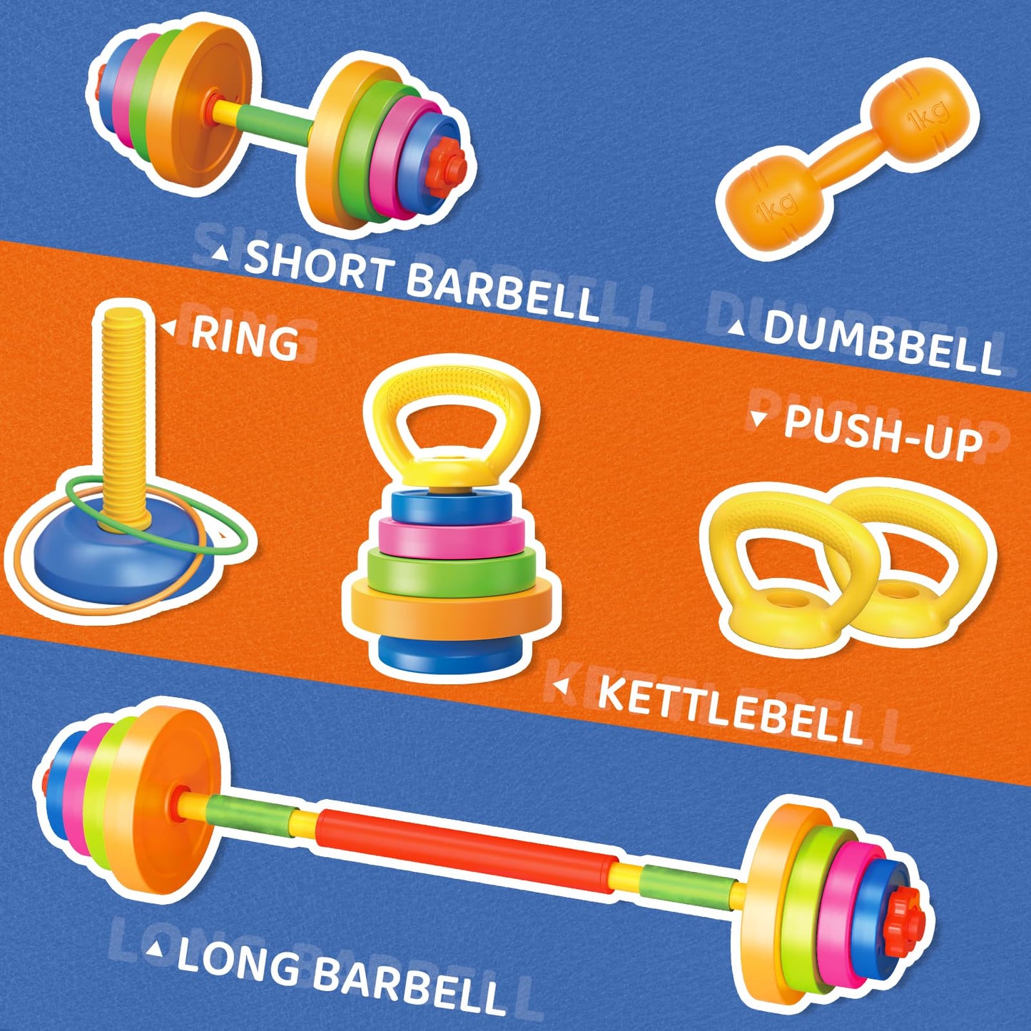 6-in-1 Kids Weight Set- Dumbbell, Barbell, Kettlebell, Ring. Adjustable Workout Equipment Toy for Children Pretend Kids Exercise Equipment, Toddler Weights Gym Workout Bench Set Gift for Baby Boy Girl