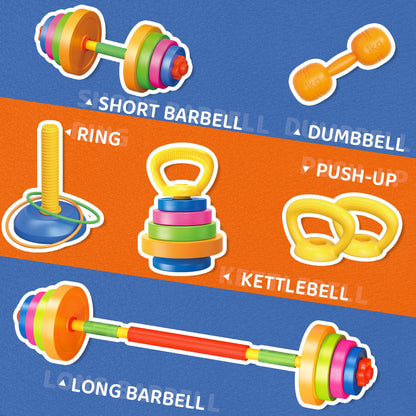 6-in-1 Kids Weight Set- Dumbbell, Barbell, Kettlebell, Ring. Adjustable Workout Equipment Toy for Children Pretend Kids Exercise Equipment, Toddler Weights Gym Workout Bench Set Gift for Baby Boy Girl