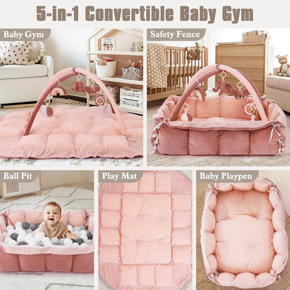 5-in-1 Plush Baby Play Gym, Baby Play Mats, Convertible Baby Gym, Tummy time mat, 6 Sensory Toys, Activity Center, Ball Pit, Pink