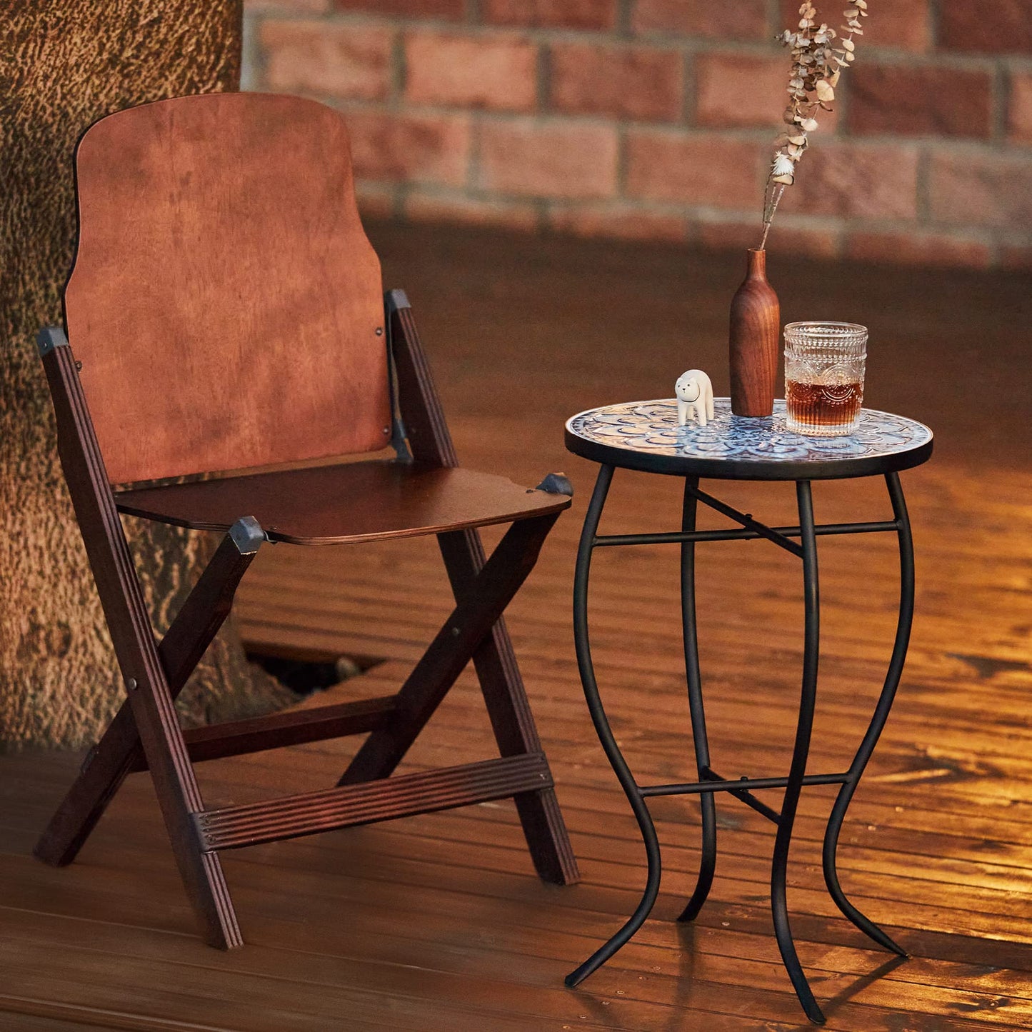 VONLUCE Mosaic Side Table and Plant Stand, 21" Round End Table with 14" Ceramic Tile Top, Indoor & Outdoor Accent Table, Porch Patio Furniture, Entryway & Coffee Table for Home & Garden, Blue Mandala