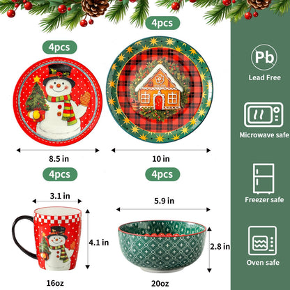 Hasense 16 Pcs Ceramic Dinnerware Sets, Holiday Coffee mugs Plates and Bowls Set for 4, Chip & Scratch Resistant Party Serving Dishes Microwave and Dishwasher Safe, Colorful
