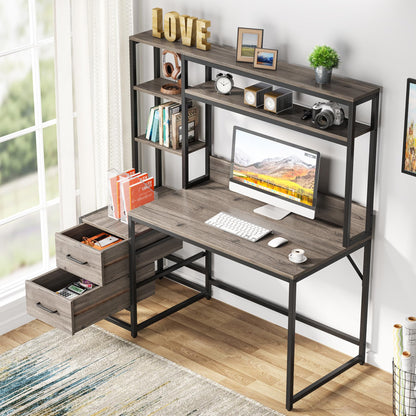 Tribesigns 55 Inch Computer Desk with 2 Drawers and Storage Shelves, Rustic Office Desk with Hutch, Study Writing Gaming Table Laptop Workstation for Home Office (Grey)