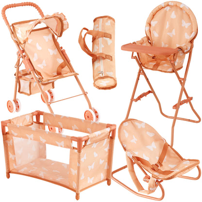 4-in-1 Baby Doll Stroller Set with Butterfly Design – Includes Toy Stroller, Crib, Bouncer & High Chair – Doll Accessories & Baby Doll Furniture Set for Toddlers 3-4 Years – Fits Dolls up to 18 Inches