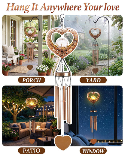 Nacome Solar Heart Wind Chimes for Outside: Weatherproof Metal Outdoor Decor Easy Hanging for Garden Patio Tree Window - Melodious Mother's Day Birthday Gifts for Mom Women Mom Grandma Her Wife
