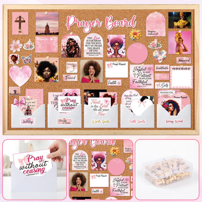 Black Women Prayer Board Kit - Vemfare 162 Pcs Prayer Board Stickers Supplies with Pins Envelope Bible Verse Quotes Cards, Pink Scrapbook Stickers, Bible Study Supplies for Women (Not Cork Board)