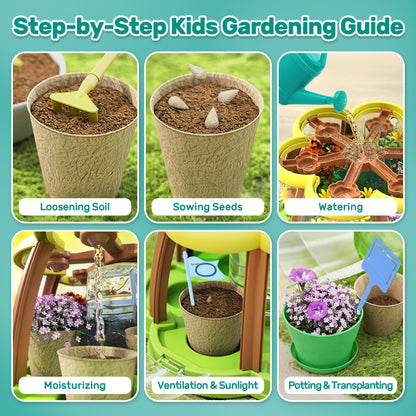 CUTE STONE Kids Gardening Set, Plant Growing Kit with Wheelbarrow, 3 Metal Garden Tools & Kids Grow House with Upgraded Irrigation, Outdoor Indoor STEM Toys for Toddlers 3+