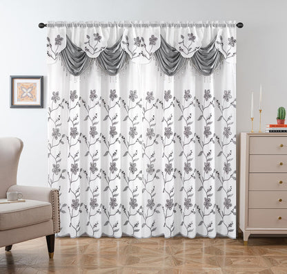 Petrichor Embroidered Sheer Curtain 2 Panels Set - Luxury Window Curtain Attached Valance with Satin Backing and 2 Tie Backs for Living Room,Dining Room, 54x84 inches, Gray