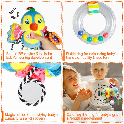 Funsland Baby Stroller and Car Seat Toys for Infant - Hanging Rattle Teether Clip on Soft Plush Baby Toys for Boys and Girls 3-12 Months