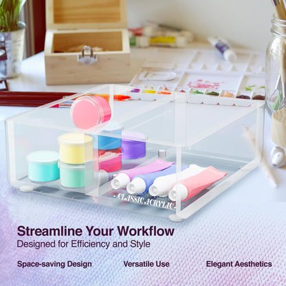CLASSIC ACRYLIC Paper Clip Holder w/ Adjustable Compartment includes Premium Gift Box. Great Gift for Christmas. Durable & Stylish Desk Organizer for Office Supplies & Sticky Note/Post it Note Holder.