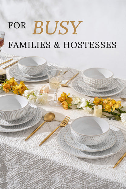 FOBENTA 12 Piece Embossed Dinnerware Sets for 4, Elegant Plates and Bowls Sets, Microwave & Dishwasher Safe, Stoneware for Stylish Home Dining–Perfect Housewarming Gift for Busy Families & Hostesses