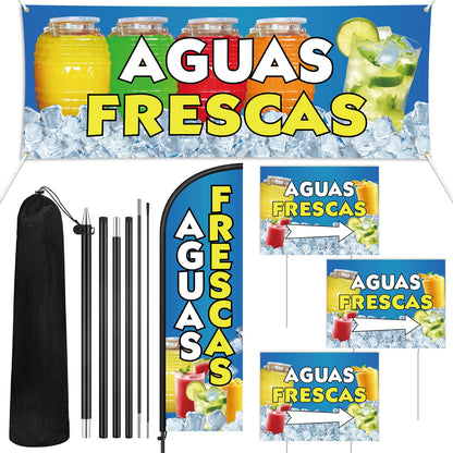 Hahafelt 5 Pcs Aguas Frescas Stand Decor Kit Swooper Feather Flag with Pole Yard Sign and Banner for Outside Advertising Business Lawn Outdoor Decorations