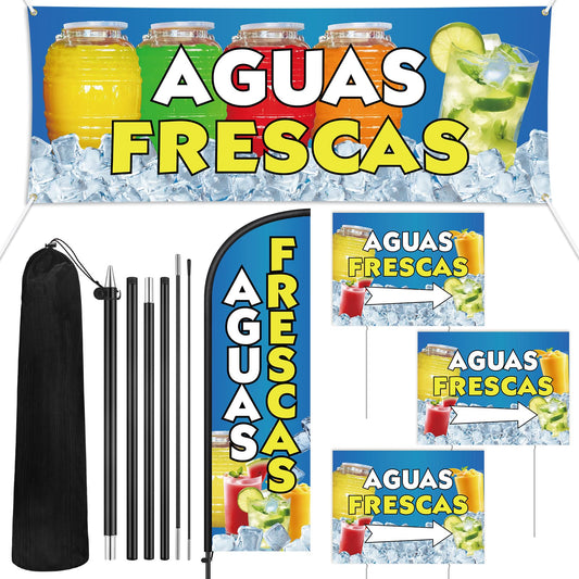 Hahafelt 5 Pcs Aguas Frescas Stand Decor Kit Swooper Feather Flag with Pole Yard Sign and Banner for Outside Advertising Business Lawn Outdoor Decorations