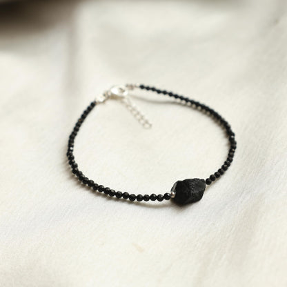 Gempires Natural Black Spinel Beaded Bracelet With Raw Gemstone Crystal Jewelry Hypoallergenic 8 Inch Silver Plated Lightweight Handmade Jewelry Gifts For Her