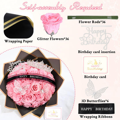 Waipfaru Glitter Roses Bouquet,Birthday Gifts for Women Mom,DIY Fake Flowers Bouquet with Birthday Stand-Up Signs,36 Pink Rose for Grandma Wife Friends