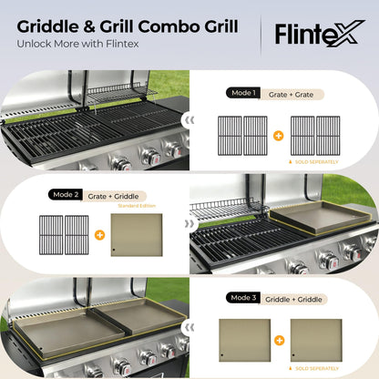 Flintex 6 Burner Propane Gas Grill Griddle Combo with Porcelain-Enameled Cast Iron Grates & Cast Iron Pan, Dual Outdoor BBQ Grill With Flat Top Griddle for Backyard Barbecue, 610 sq.in.