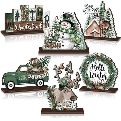 Yuntau 6 Pcs Winter Wonderland Wooden Table Decorations Christmas Wood Tabletop Sign Centerpiece Rustic Decorations for Office Farmhouse Home Decor